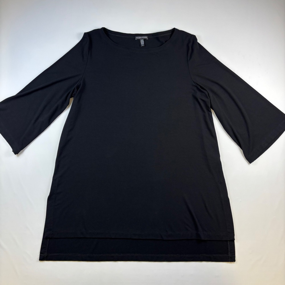Eileen Fisher Black Viscose Jersey Tunic Top 3/4 Wide Sleeve Side Slit Large